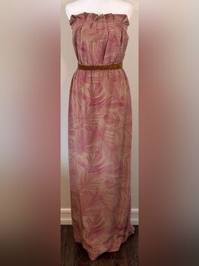 Rory Beca Beige and Magenta Leaf Print Strapless Silk Dress with Belt Size 6